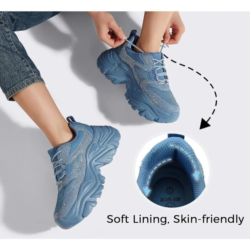 Women Leather Blue Rhinestone Comfortable Wedge Walking Sport Sneakers Shoes